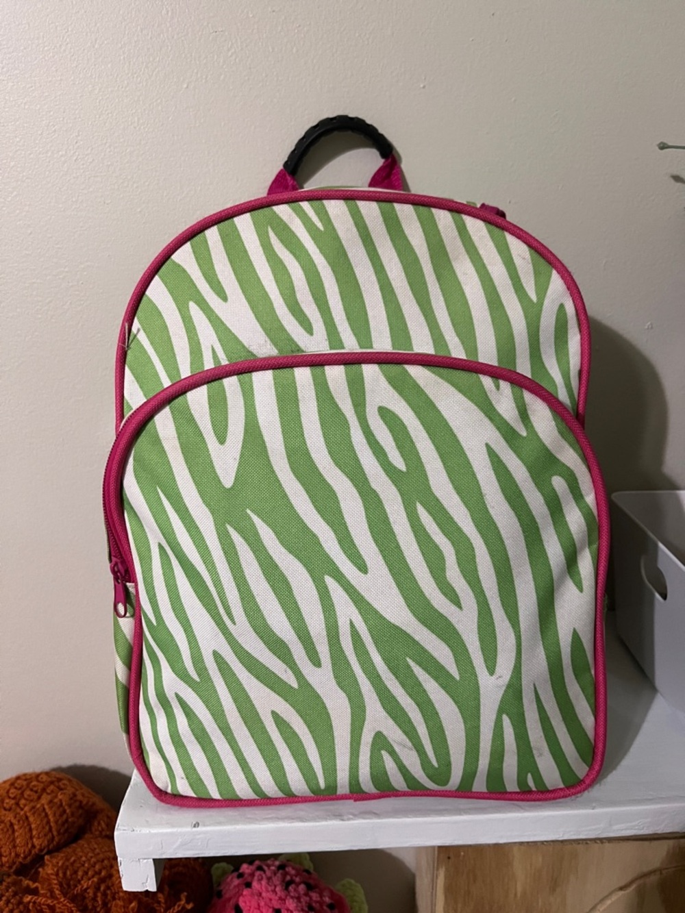 Green Zebra Print Backpack with Pink Trim